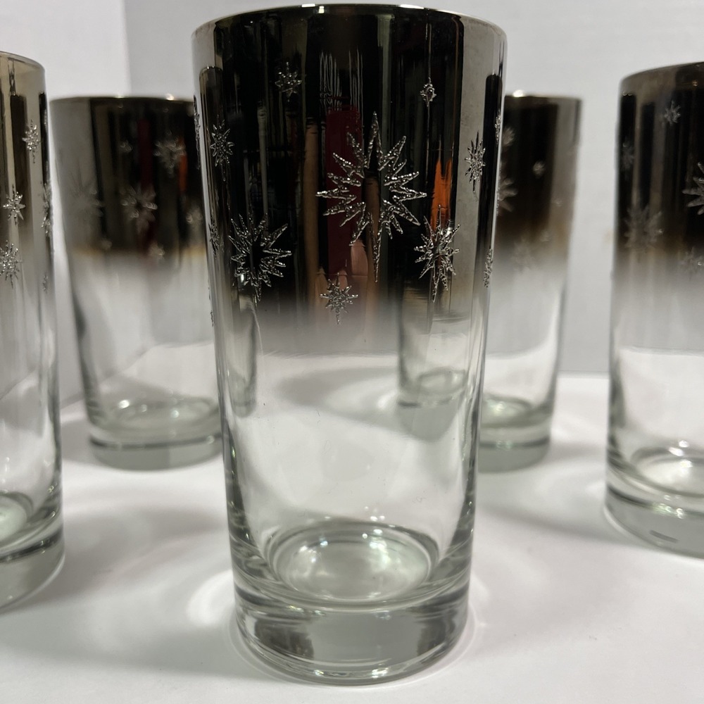 5 MCM Vitreon Queens Atomic Starburst Lusterware Highball Glasses Silver Fade